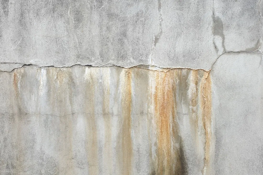 Coulures brunes et traces de ruissellement sous une fissure horizontale d'un mur enduit (Carnoules, Var)